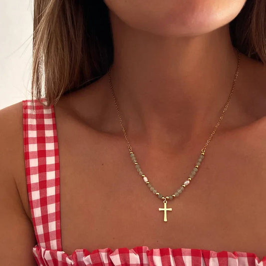 Cymone - Collar de Cruz con Cuentas de Fe